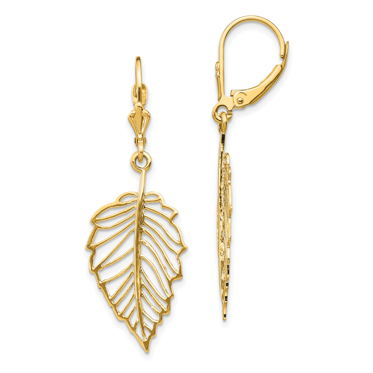 14K Polished Leaf Leverback Earrings-TF1554