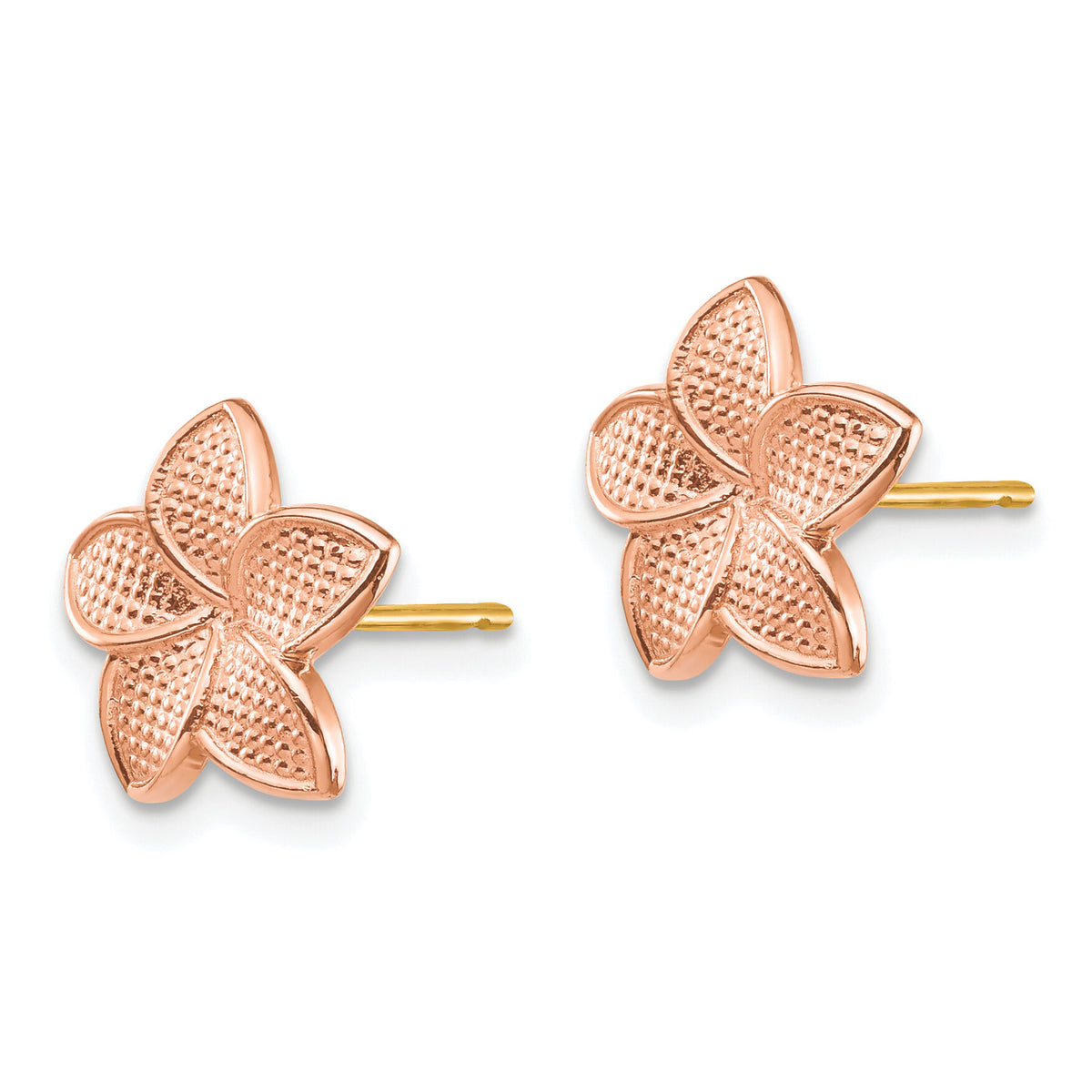 14K Rose Gold Polished & Textured Plumeria & Yellow Post & Earring Backs-TF1561