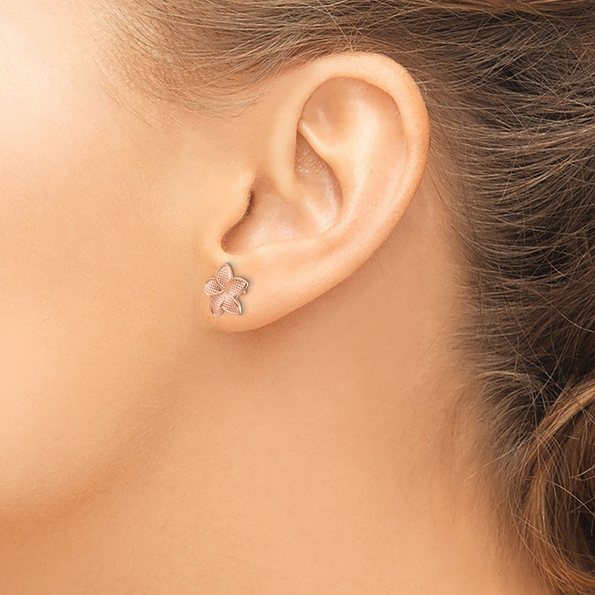 14K Rose Gold Polished & Textured Plumeria & Yellow Post & Earring Backs-TF1561