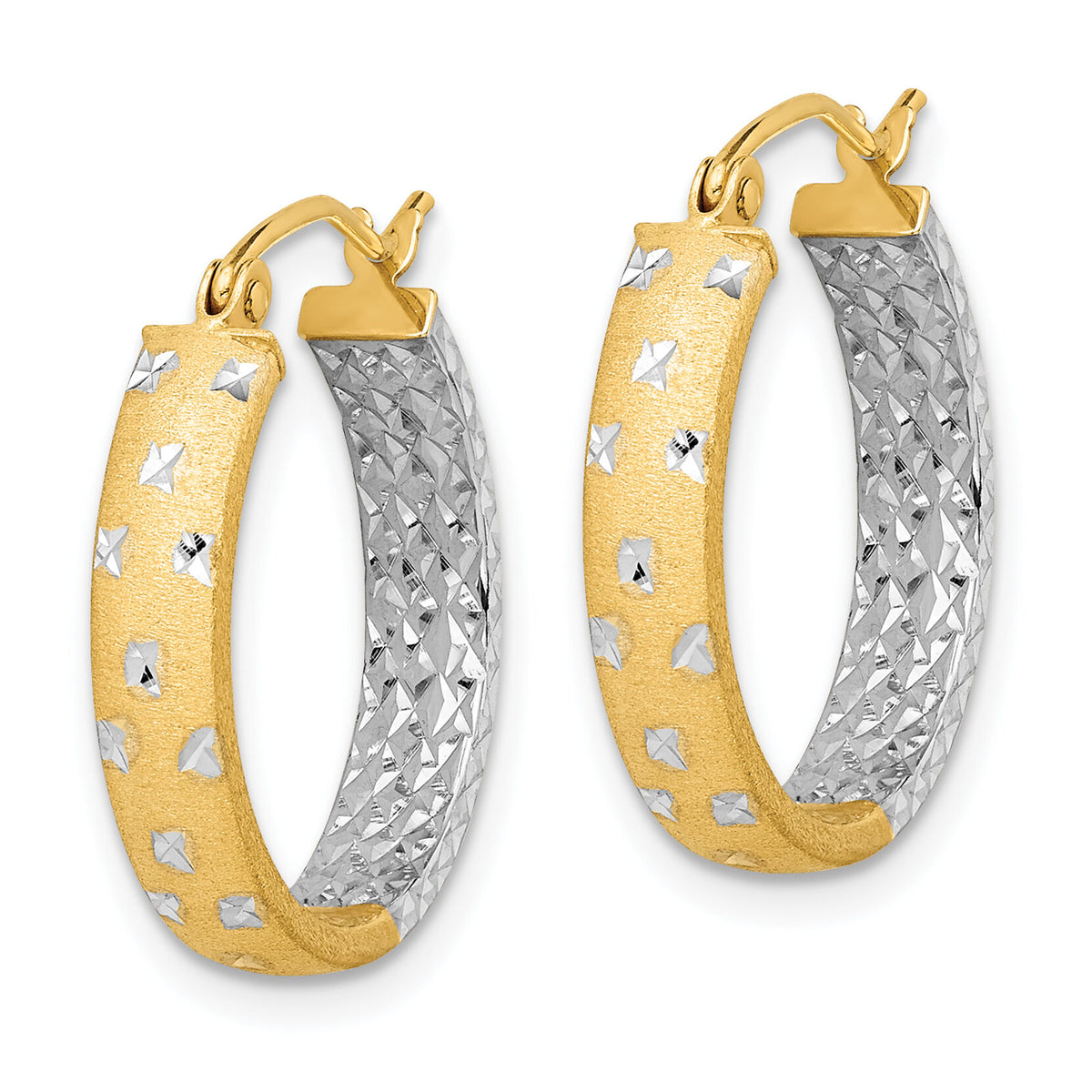14k w/White Rhodium Satin Polished Diamond-cut In/Out Hoop Earrings-TF1575