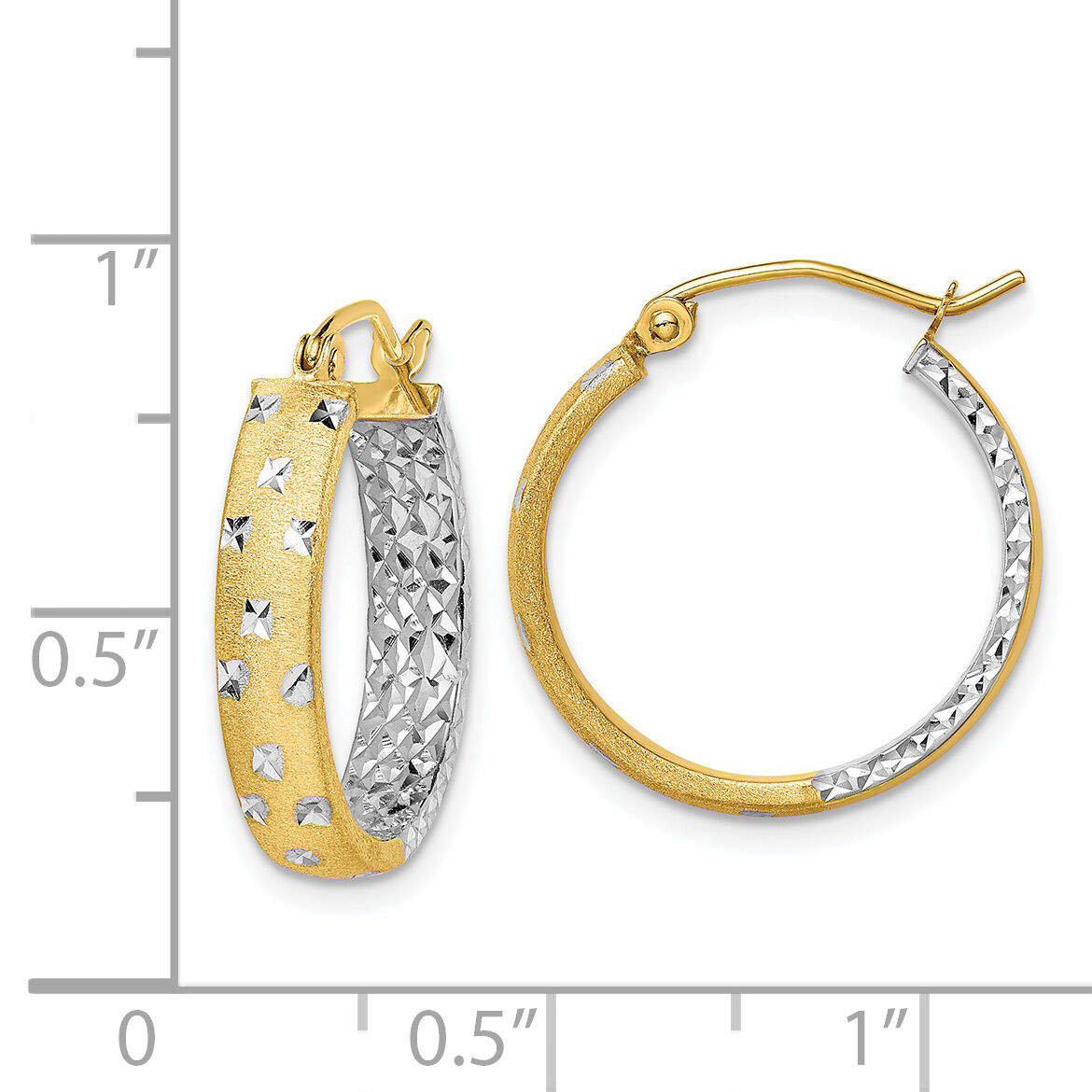 14k w/White Rhodium Satin Polished Diamond-cut In/Out Hoop Earrings-TF1575