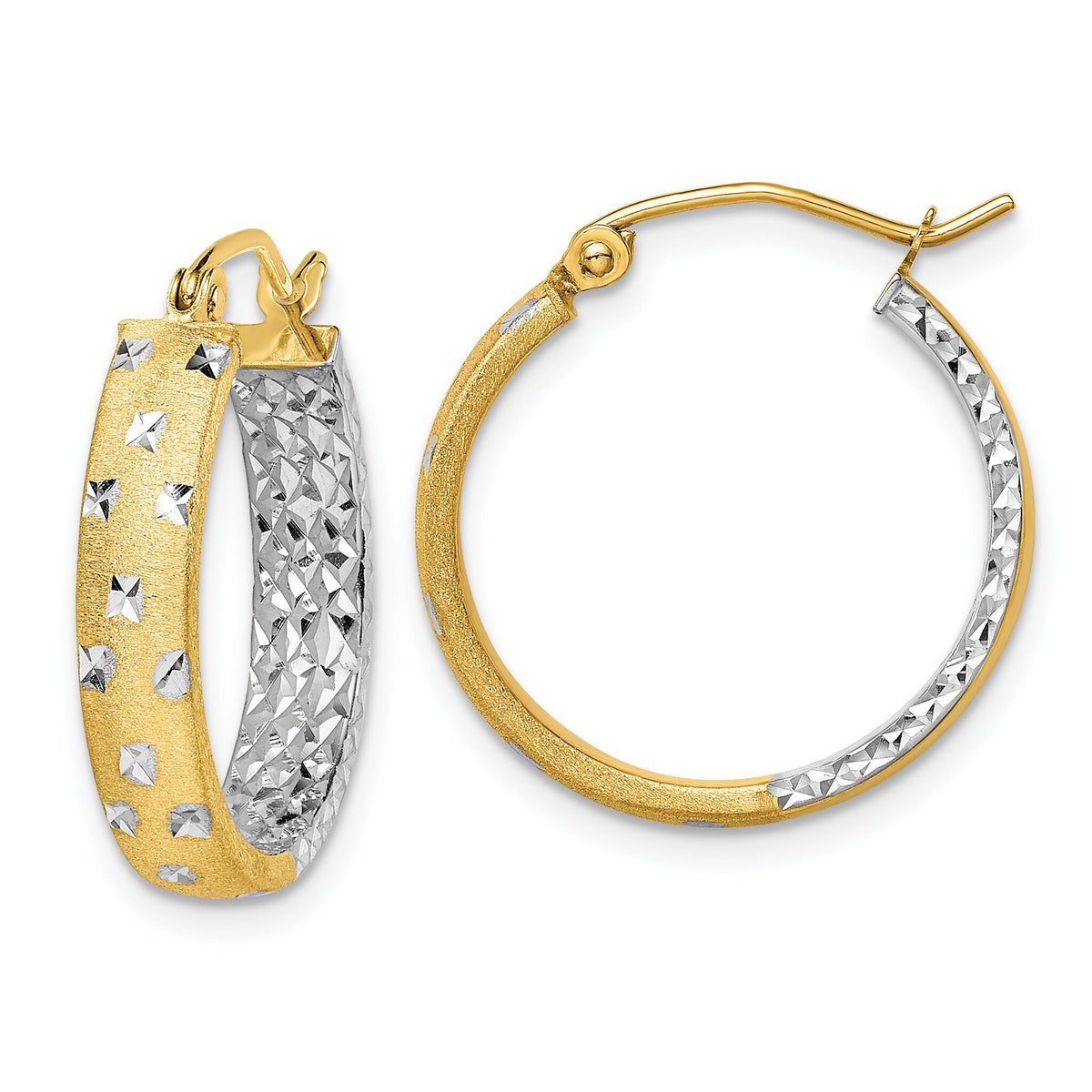 14k w/White Rhodium Satin Polished Diamond-cut In/Out Hoop Earrings-TF1575