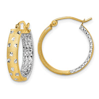 14k w/White Rhodium Satin Polished Diamond-cut In/Out Hoop Earrings-TF1575
