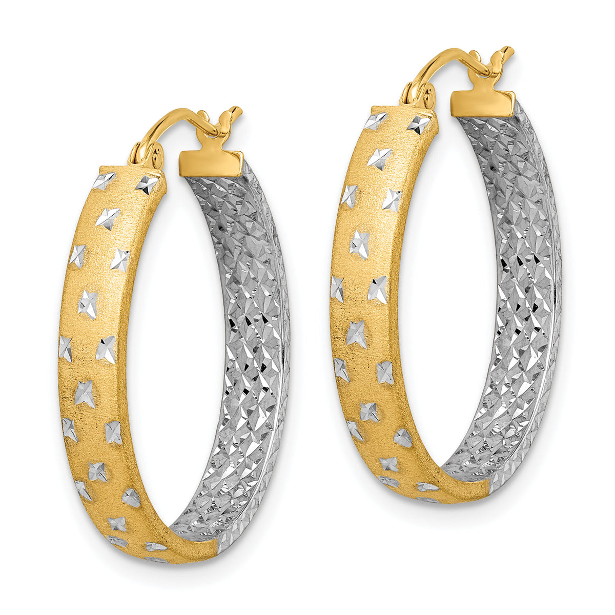 14k w/White Rhodium Polished Satin Diamond-cut In/Out Hoop Earrings-TF1576