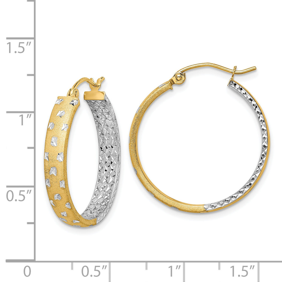 14k w/White Rhodium Polished Satin Diamond-cut In/Out Hoop Earrings-TF1576