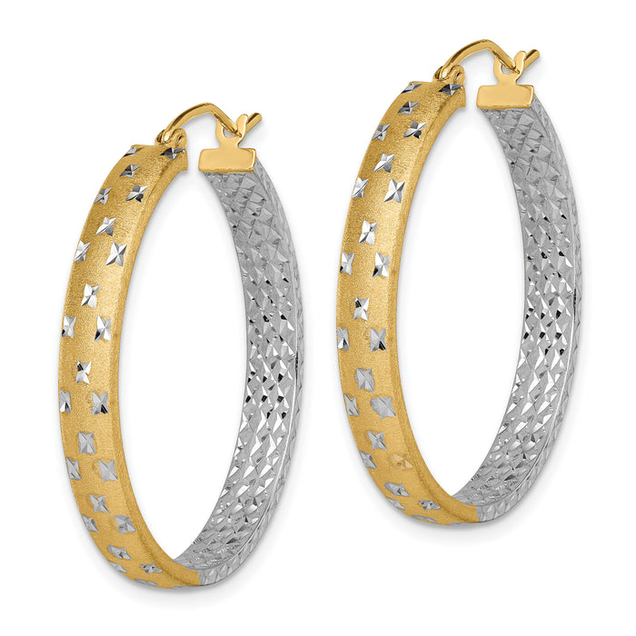 14k w/White Rhodium Polished Satin Diamond-cut In/Out Hoop Earrings-TF1577