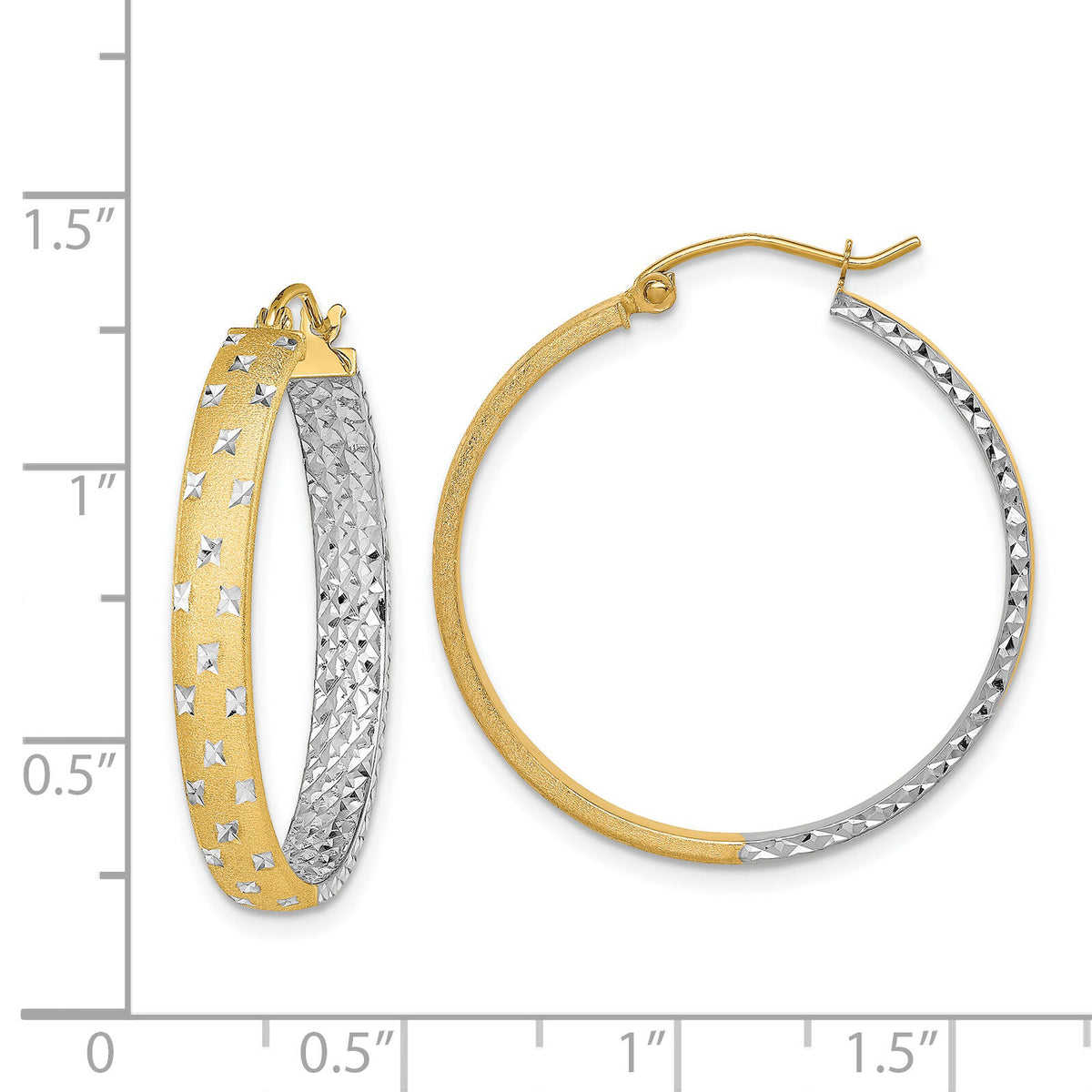 14k w/White Rhodium Polished Satin Diamond-cut In/Out Hoop Earrings-TF1577