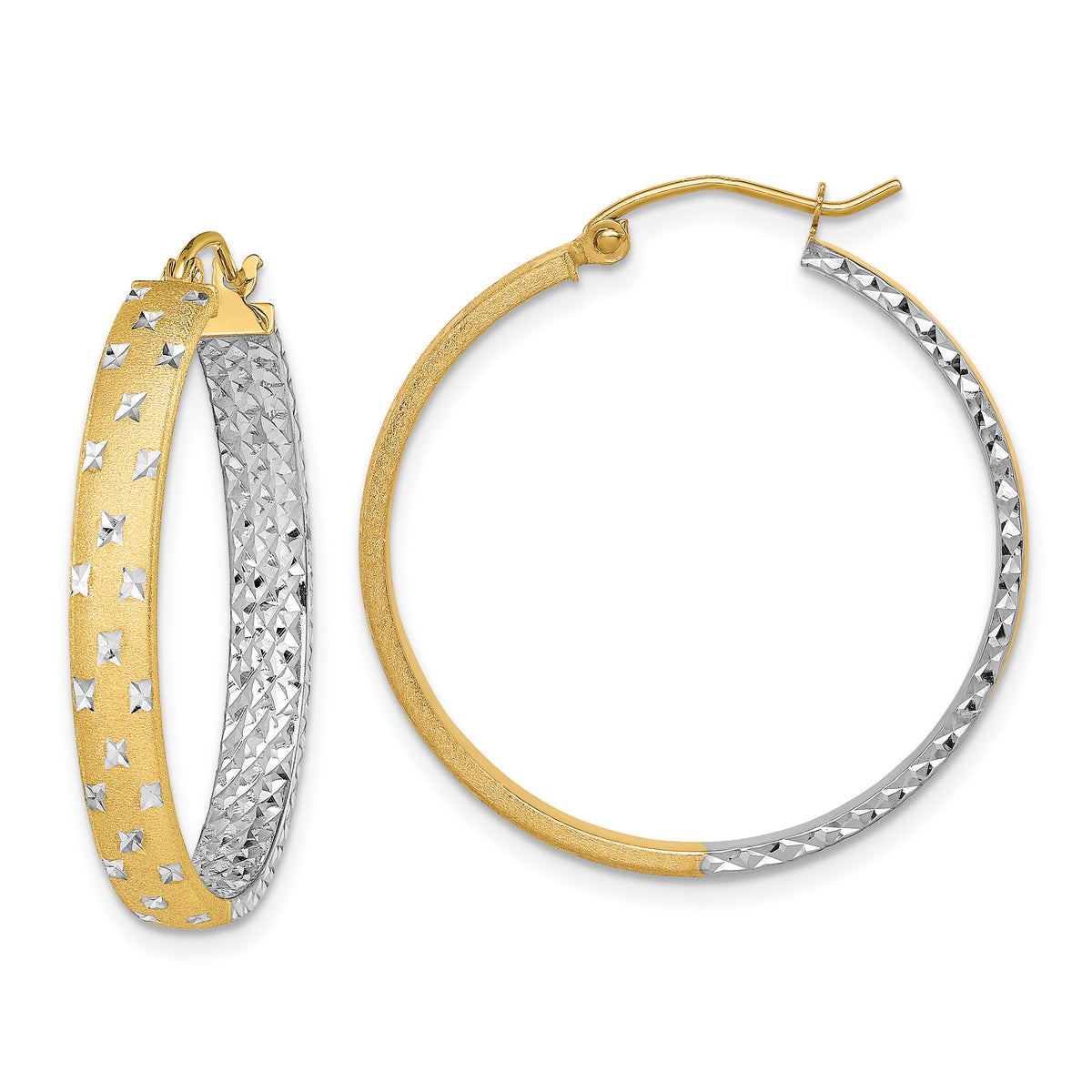 14k w/White Rhodium Polished Satin Diamond-cut In/Out Hoop Earrings-TF1577