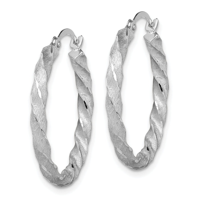 14K White Gold Twisted Satin Diamond-Cut Hoop Earrings-TF1611W