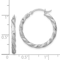 14K White Gold Twisted Satin Diamond-Cut Hoop Earrings-TF1611W