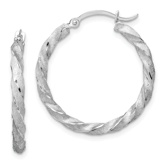 14K White Gold Twisted Satin Diamond-Cut Hoop Earrings-TF1611W