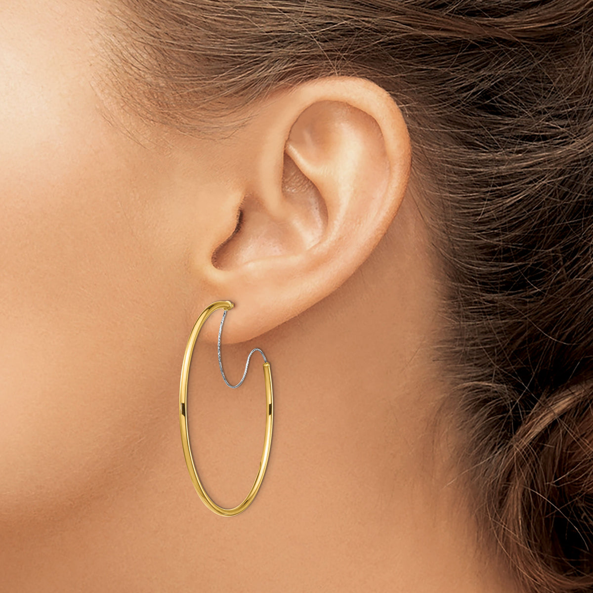 14K Two-Tone Large 2x45mm D/C Wire Polished Hoop Earrings-TF1642