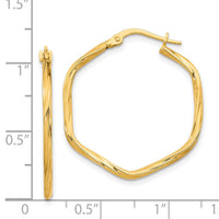 14K 1x1mm Textured Twist Hexagon Hoop Earrings-TF1669