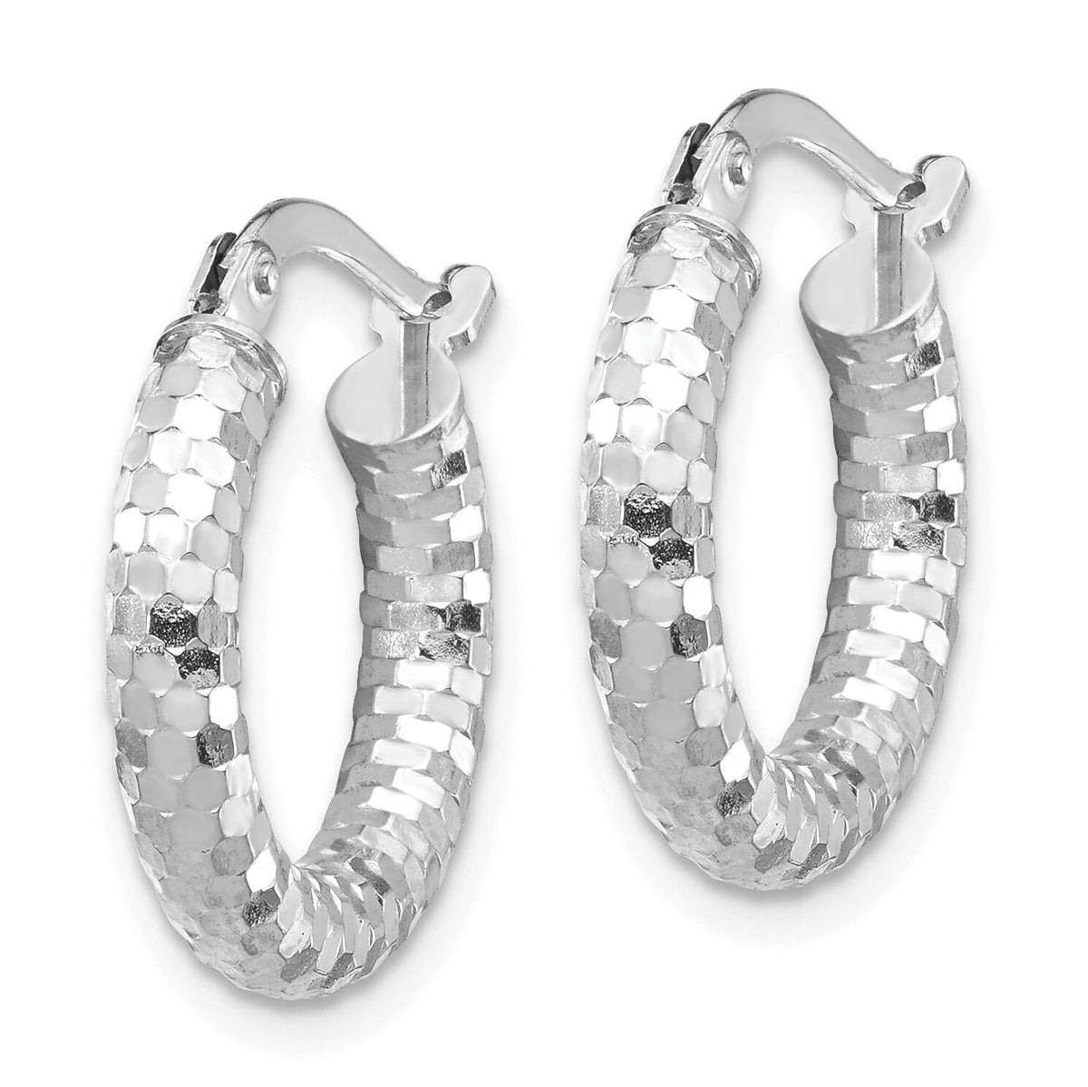 14k White Gold 3x17mm Diamond-cut Hoop Earrings-TF1700W