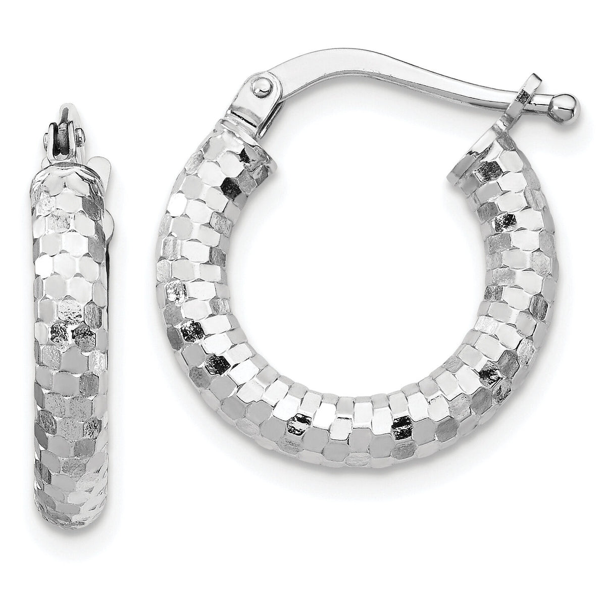 14k White Gold 3x17mm Diamond-cut Hoop Earrings-TF1700W