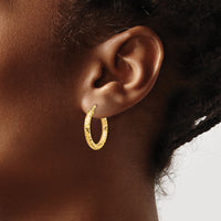 14K 3x22mm Diamond-cut Hoop Earrings-TF1701