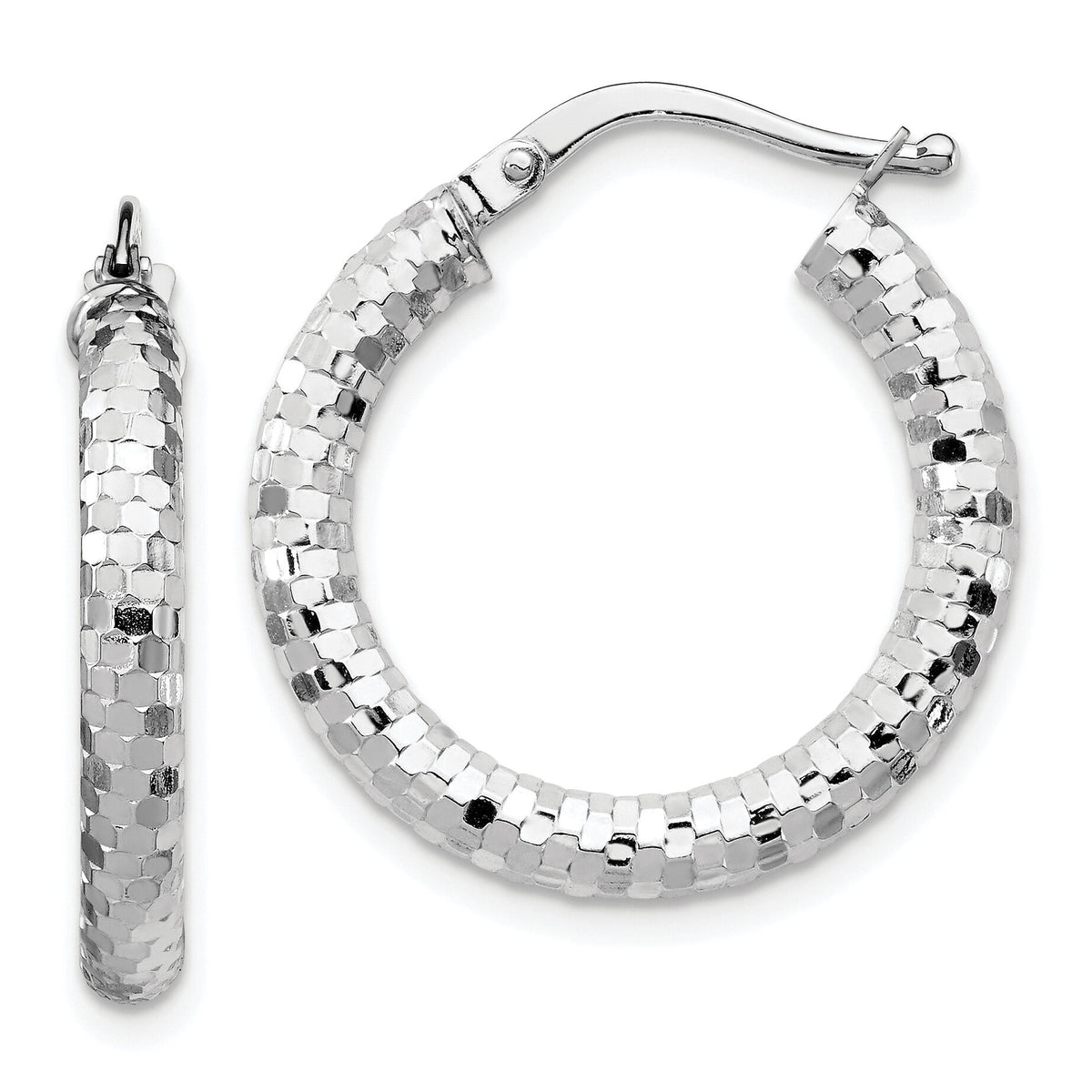 14k White Gold 3x22mm Diamond-cut Hoop Earrings-TF1701W