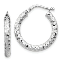 14k White Gold 3x22mm Diamond-cut Hoop Earrings-TF1701W