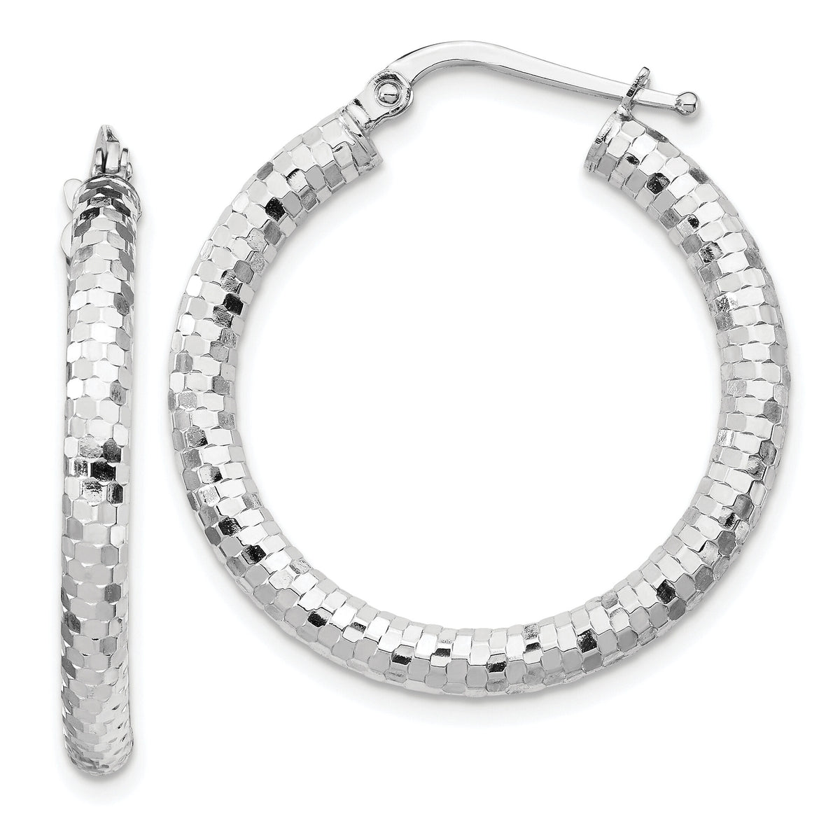 14k White Gold 3x27mm Diamond-cut Hoop Earrings-TF1702W