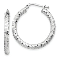 14k White Gold 3x27mm Diamond-cut Hoop Earrings-TF1702W