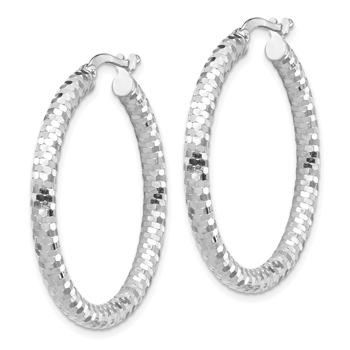 14k White Gold 3x32mm Diamond-cut Hoop Earrings-TF1703W