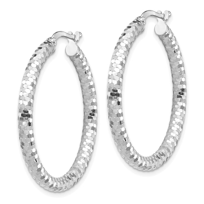 14k White Gold 3x32mm Diamond-cut Hoop Earrings-TF1703W