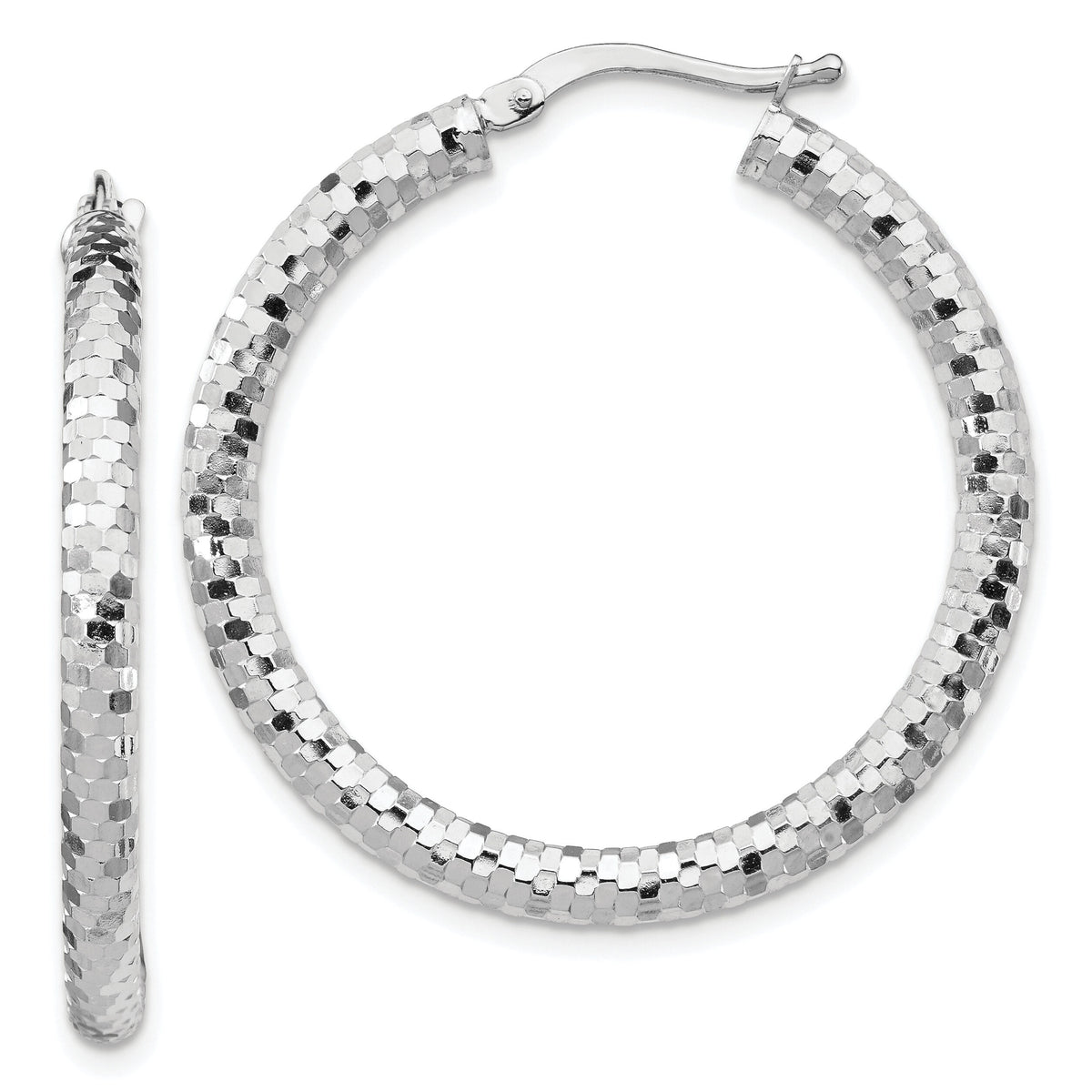 14k White Gold 3x32mm Diamond-cut Hoop Earrings-TF1703W
