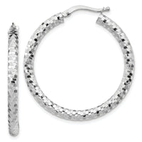 14k White Gold 3x32mm Diamond-cut Hoop Earrings-TF1703W