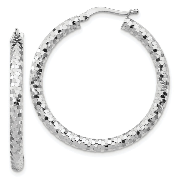 14k White Gold 3x32mm Diamond-cut Hoop Earrings-TF1703W