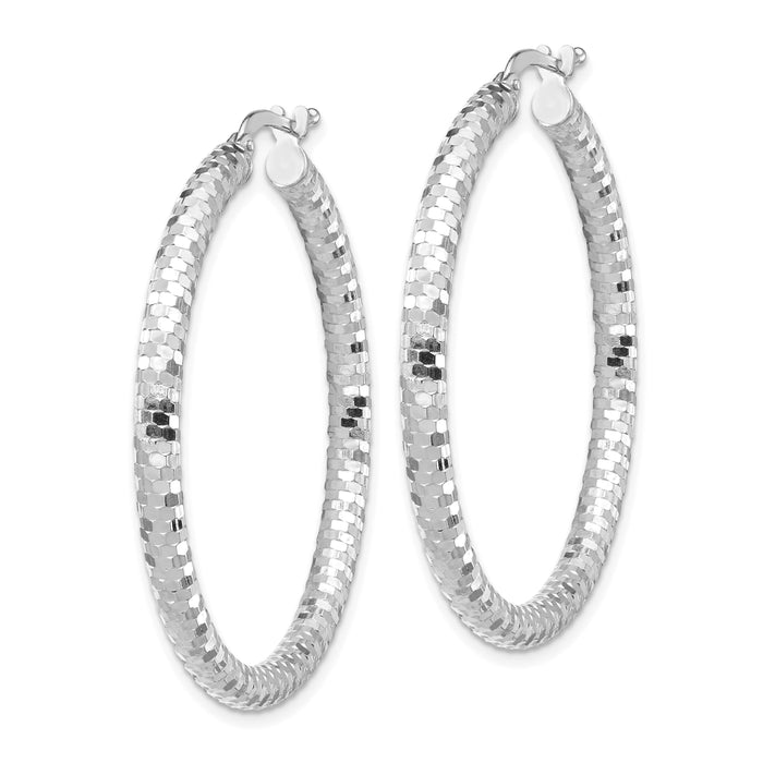 14k White Gold 3x38mm Diamond-cut Hoop Earrings-TF1704W