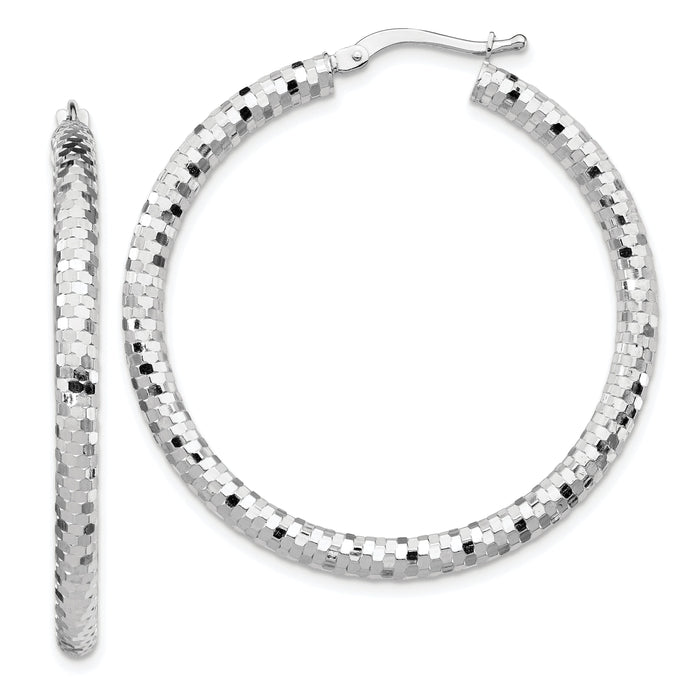 14k White Gold 3x38mm Diamond-cut Hoop Earrings-TF1704W