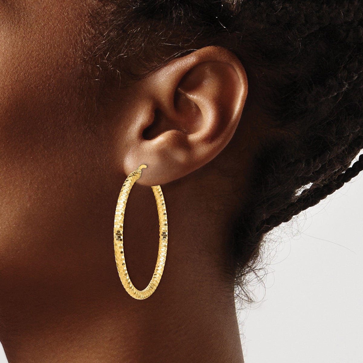 14K 3x44mm Diamond-cut Hoop Earrings-TF1705