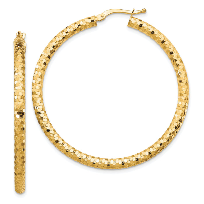 14K 3x44mm Diamond-cut Hoop Earrings-TF1705