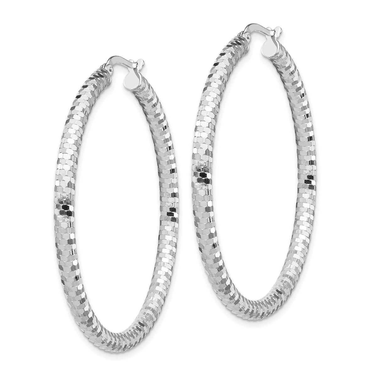 14k White Gold 3x44mm Diamond-cut Hoop Earrings-TF1705W