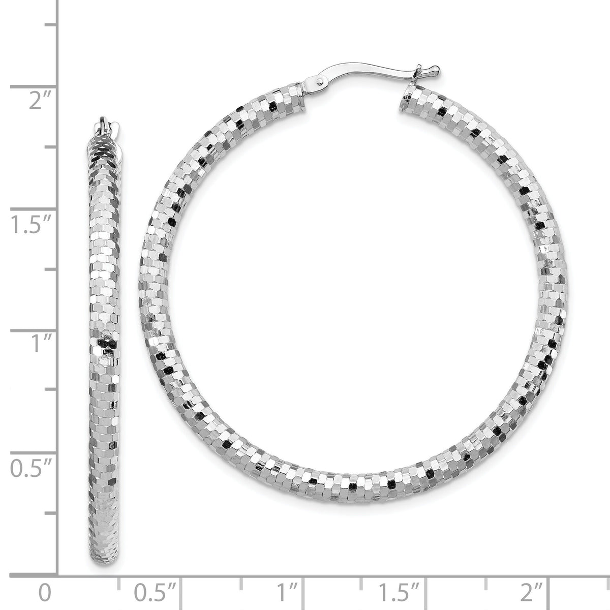 14k White Gold 3x44mm Diamond-cut Hoop Earrings-TF1705W