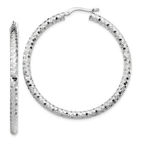 14k White Gold 3x44mm Diamond-cut Hoop Earrings-TF1705W