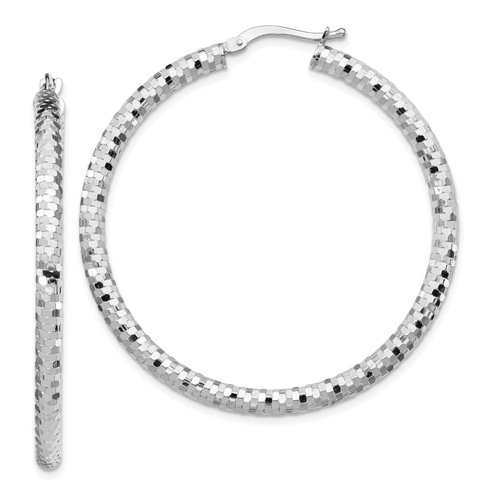 14k White Gold 3x44mm Diamond-cut Hoop Earrings-TF1705W