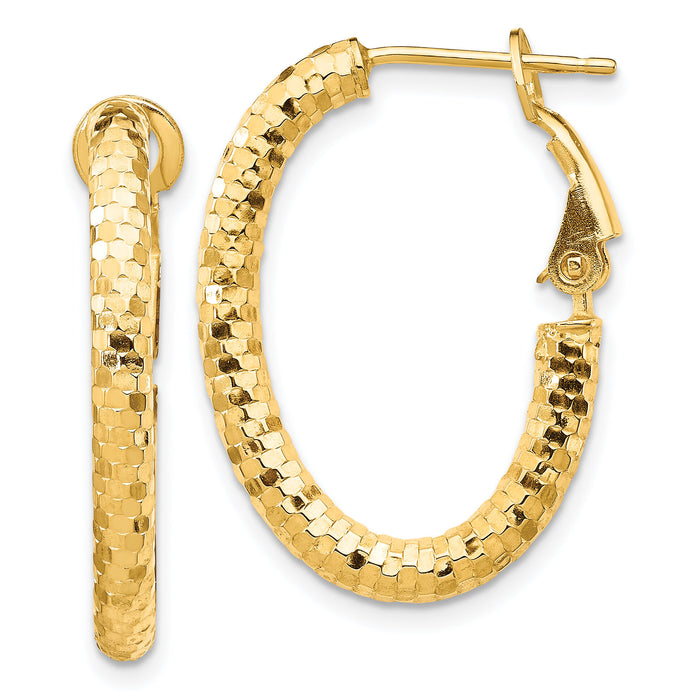 14K 3x26mm Diamond-cut Oval Omega Back Hoop Earrings-TF1706