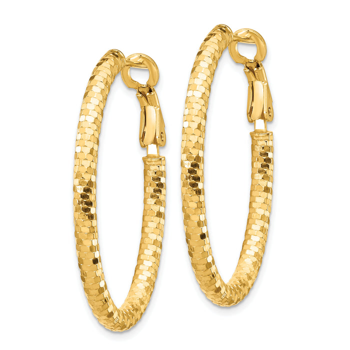14K 3x37mm Diamond-cut Oval Omega Back Hoop Earrings-TF1707