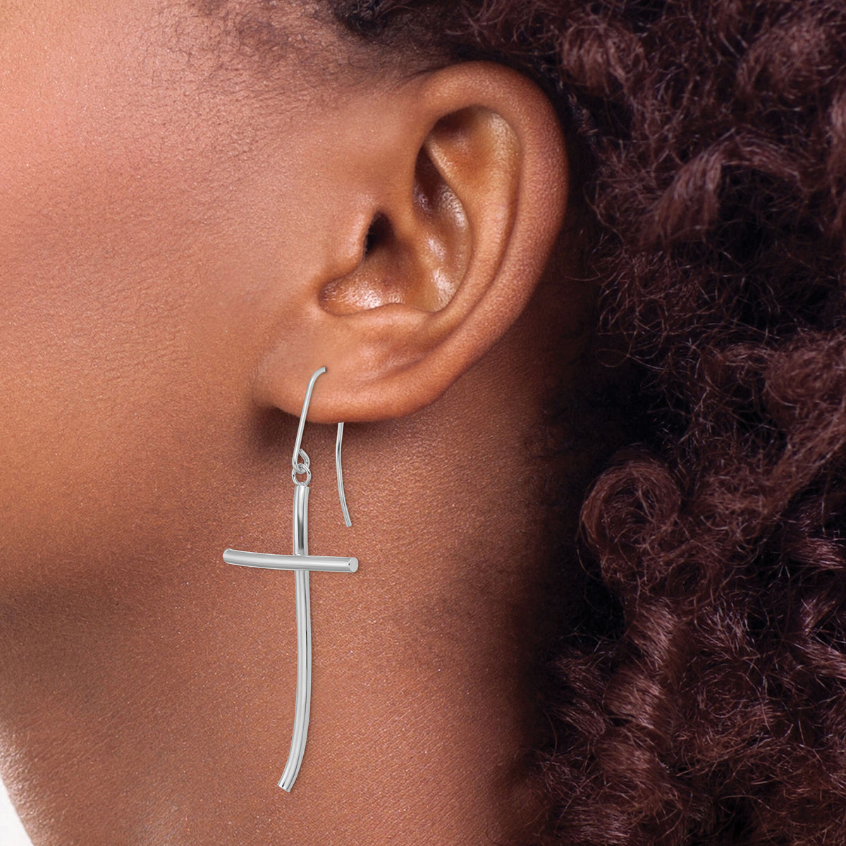 14K White Gold Polished Cross Dangle Earrings-TF1743W