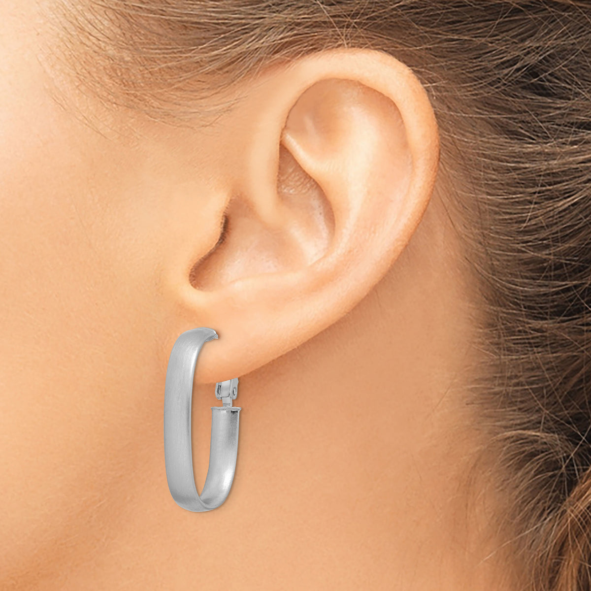 14K White Gold Satin Oval Omega Back Hoop Earrings-TF1760W