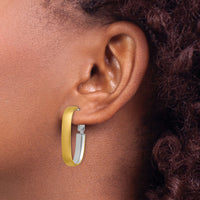 14K with White Rhodium Polished and Satin Oval Omega Back Hoop Earrings-TF1761