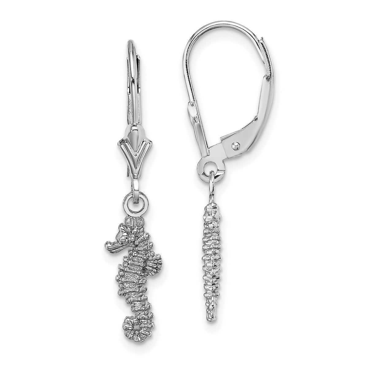 14K White Gold 3-D Seahorse Leverback Earrings-TF1771W