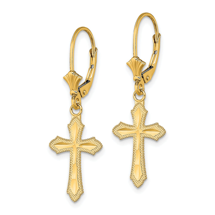 14K D/C Cross w/ Beaded Edge Leverback Earrings-TF1778