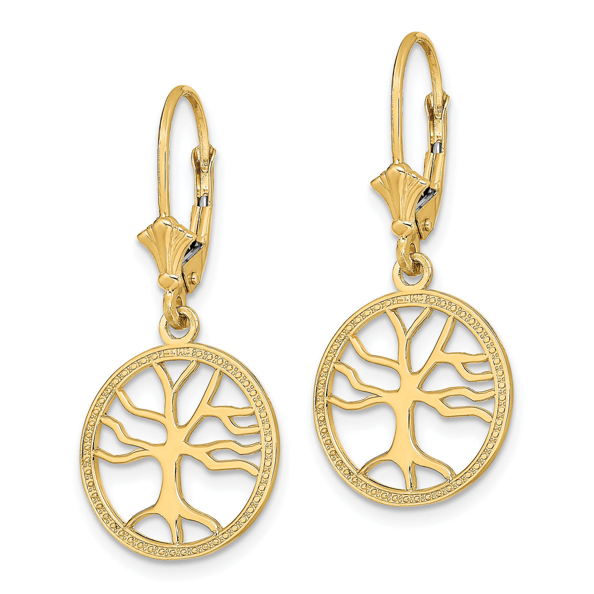 14K Tree of Life In Round Frame Leverback Earrings-TF1781