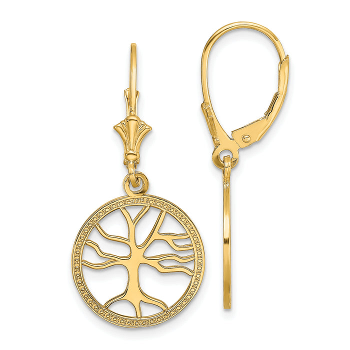 14K Tree of Life In Round Frame Leverback Earrings-TF1781