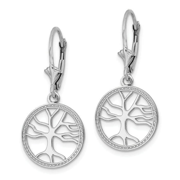 14K White Gold Tree of Life In Round Frame Leverback Earrings-TF1781W