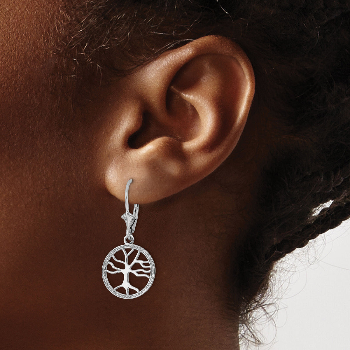 14K White Gold Tree of Life In Round Frame Leverback Earrings-TF1781W
