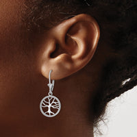 14K White Gold Tree of Life In Round Frame Leverback Earrings-TF1781W