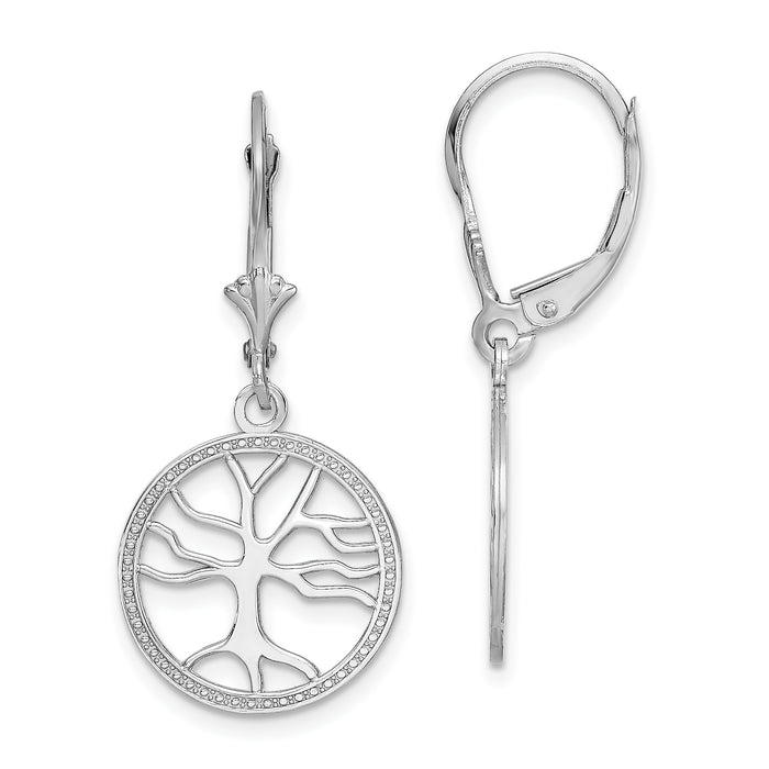 14K White Gold Tree of Life In Round Frame Leverback Earrings-TF1781W